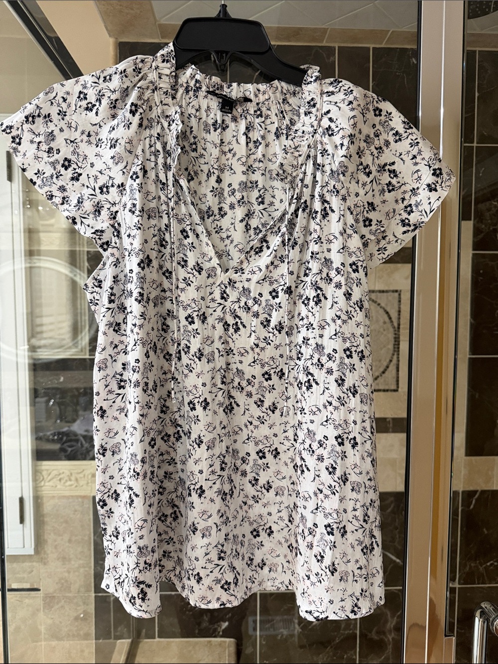 Banana Republic White Blouse with Navy Floral Print